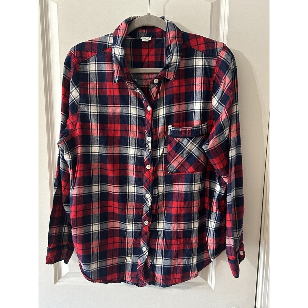 Aerie Women’s Size Large Red Navy Plaid Flannel Shirt Plaid Button Up